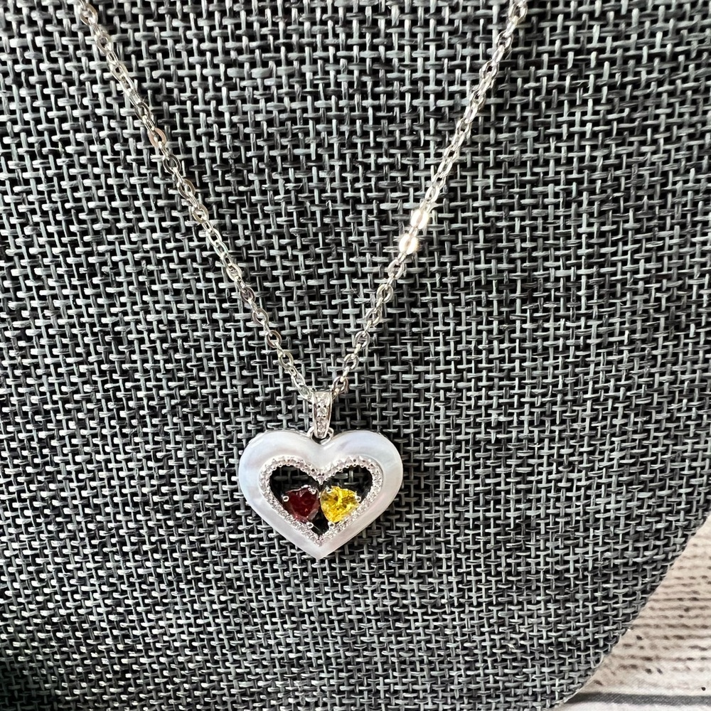 Shell Double Heart Necklace, Sterling Silver, Pendant Heart Necklace Garnet Citr
